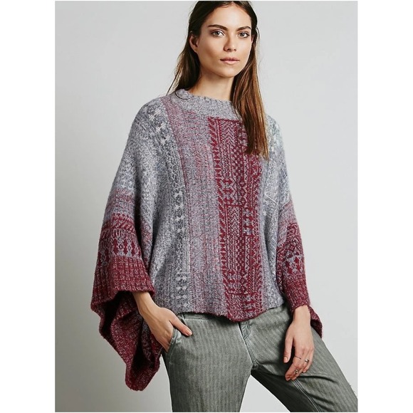 Free People Sweaters - Free People Willow Poncho Sweater Pullover Cowl Neck Red Combo Sz S‎